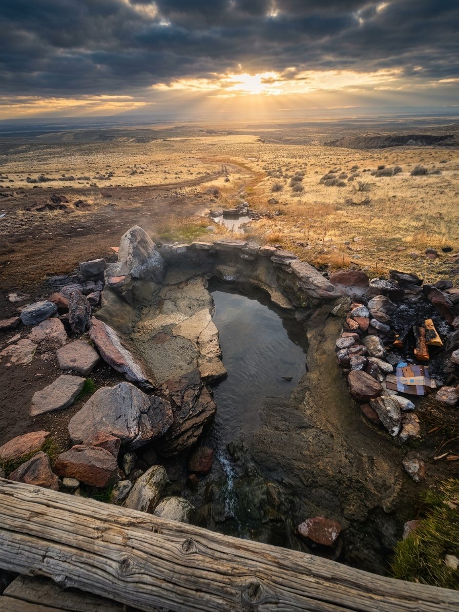 A steaming natural rock hot spring overlooking the high desert