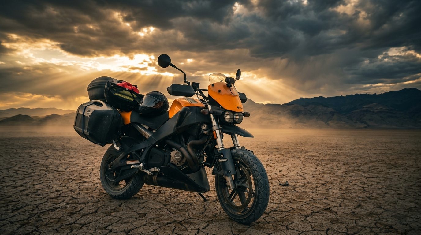 A loaded adventure motorcycle on a cracked desert playa under a dramatic stormy sunset