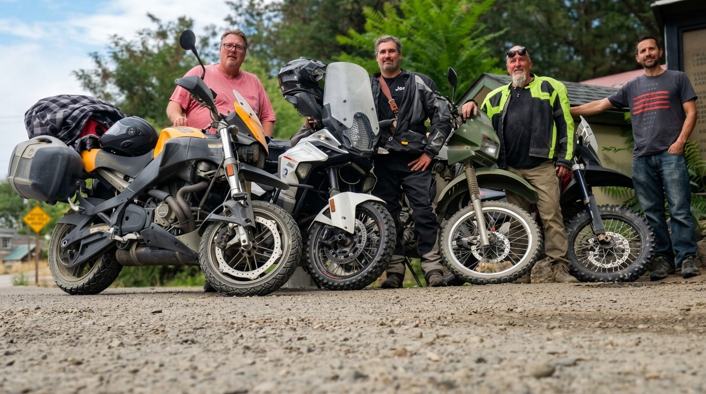 Four riders and their adventure bikes lined up on a gravel road